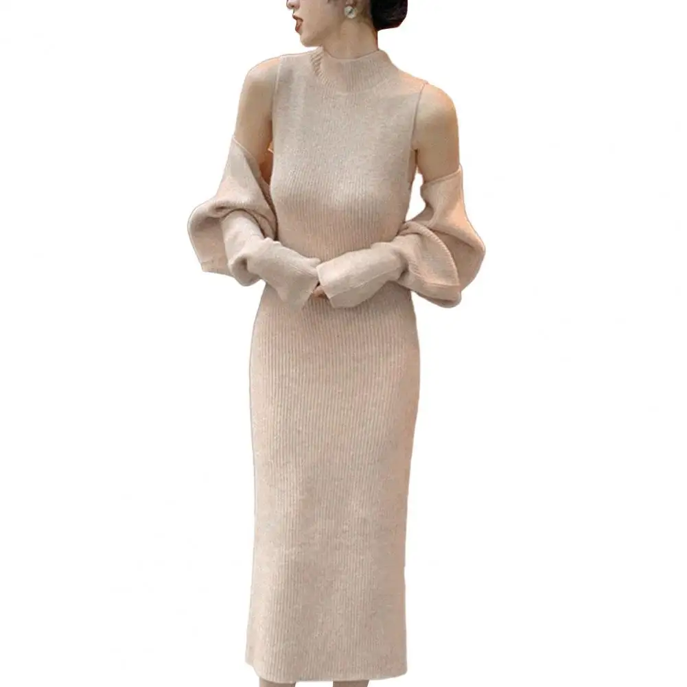 

Elegant Women's Dress High-waist Knitted Dress Set Half Turtleneck Long Sleeves for Evening vestidos para mujer