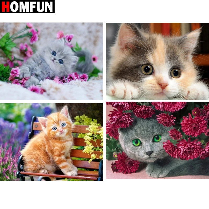 HOMFUN Paint With Diamond Embroidery "Cat flower animal" Diamond Painting Full Square Round Picture Of Rhinestone Decor