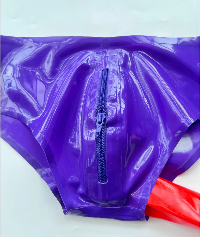 Sexy Mens Latex Briefs Fetish Rubber Underwear with Front Zipper and Anus Penis Condom