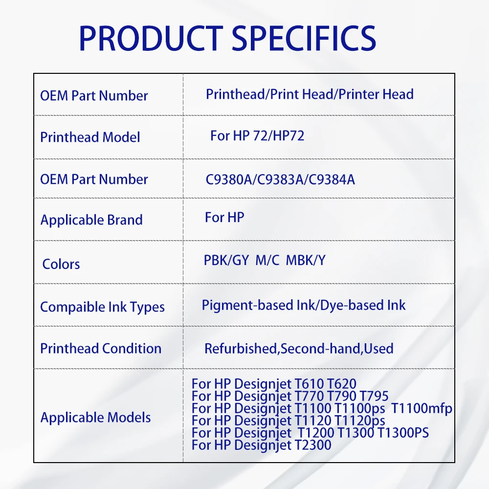 For HP72 hp 72 printhead C9380A C9383A C9384A for HP DesignJet T1100 T1120 T1200 T1300 T1300ps T2300 T610 T770 T790 T795 Printer print head