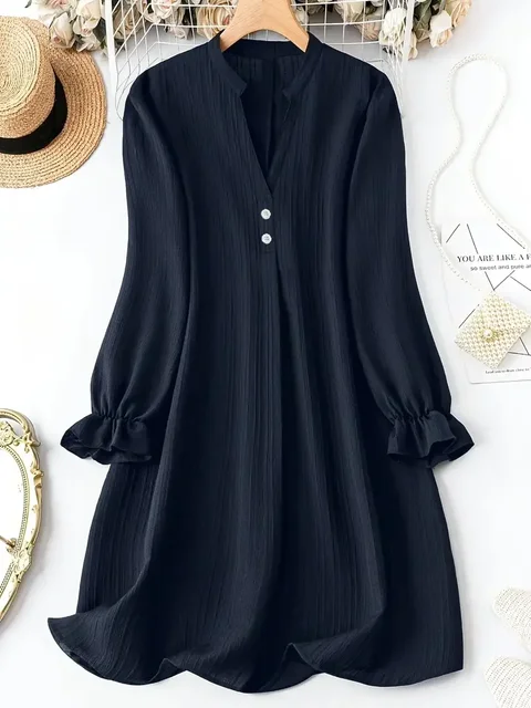 Women Plus Size 1XL-5XL Fashion Solid Color Button Front Shirt Dress Ladies Casual Long Sleeve Notched Neck Elegant Dress