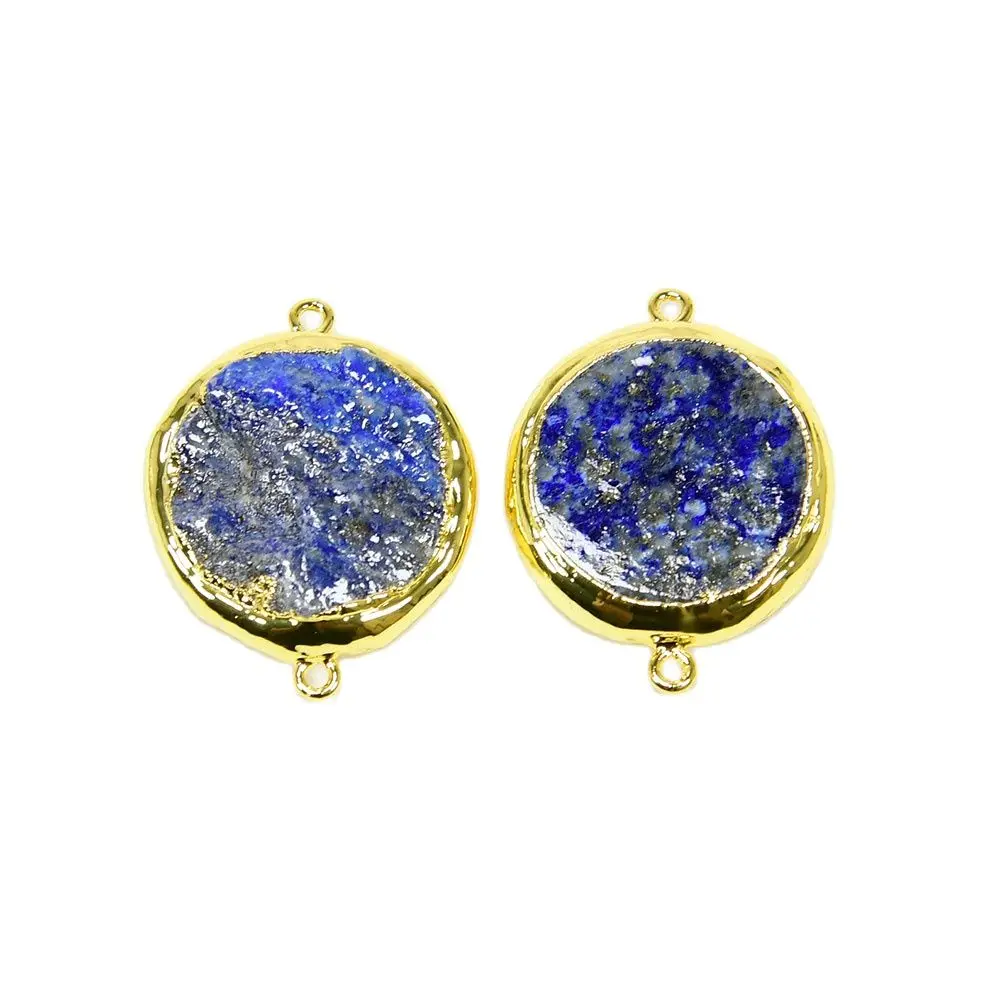APDGG 5 Pcs Natural Big 29MM Blue Lapis Lazuli Rough Raw Coin 24K Gold Plated Bezel Sets Connector Pearl Necklace Pendant DIY