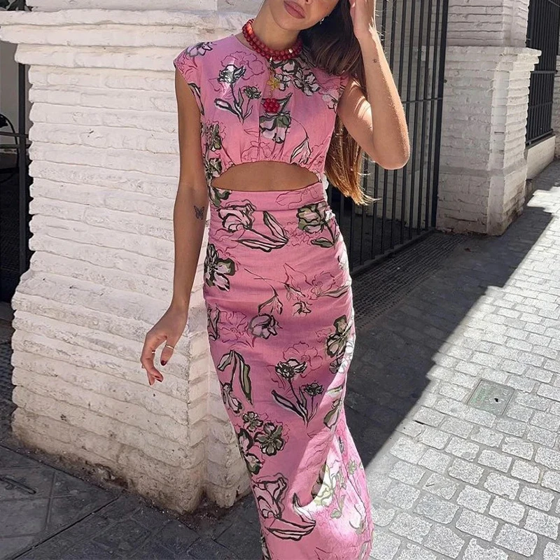 

Summer Floral Print Hollow Out Dress Fashion O Neck Sleeveless High Waist Party Dress Sexy High Street Slim Pencil Long Dresses