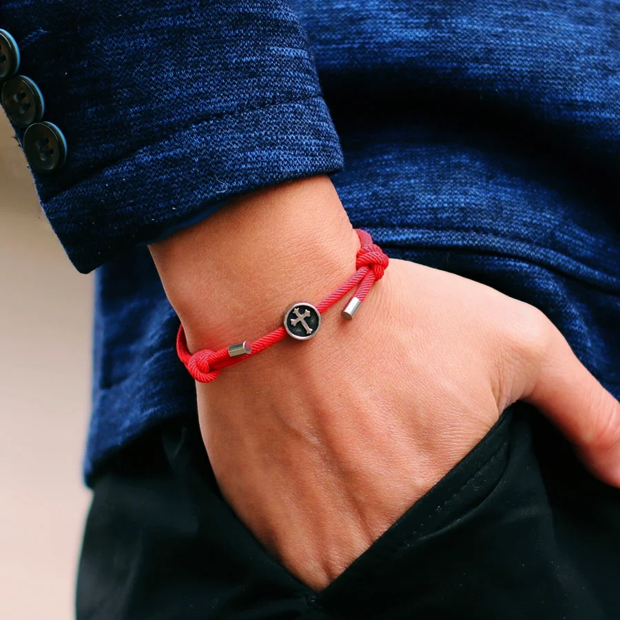 Stainless Steel Viking Cross Mens Bracelet Adjustable Rope