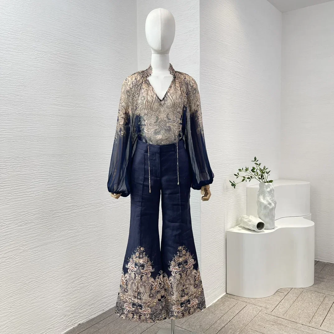 

Black Paisley Print 2024 New Long Sleeve Lacing Ruffle Neck Blouse Tops and Bell-bottomed Pants Set