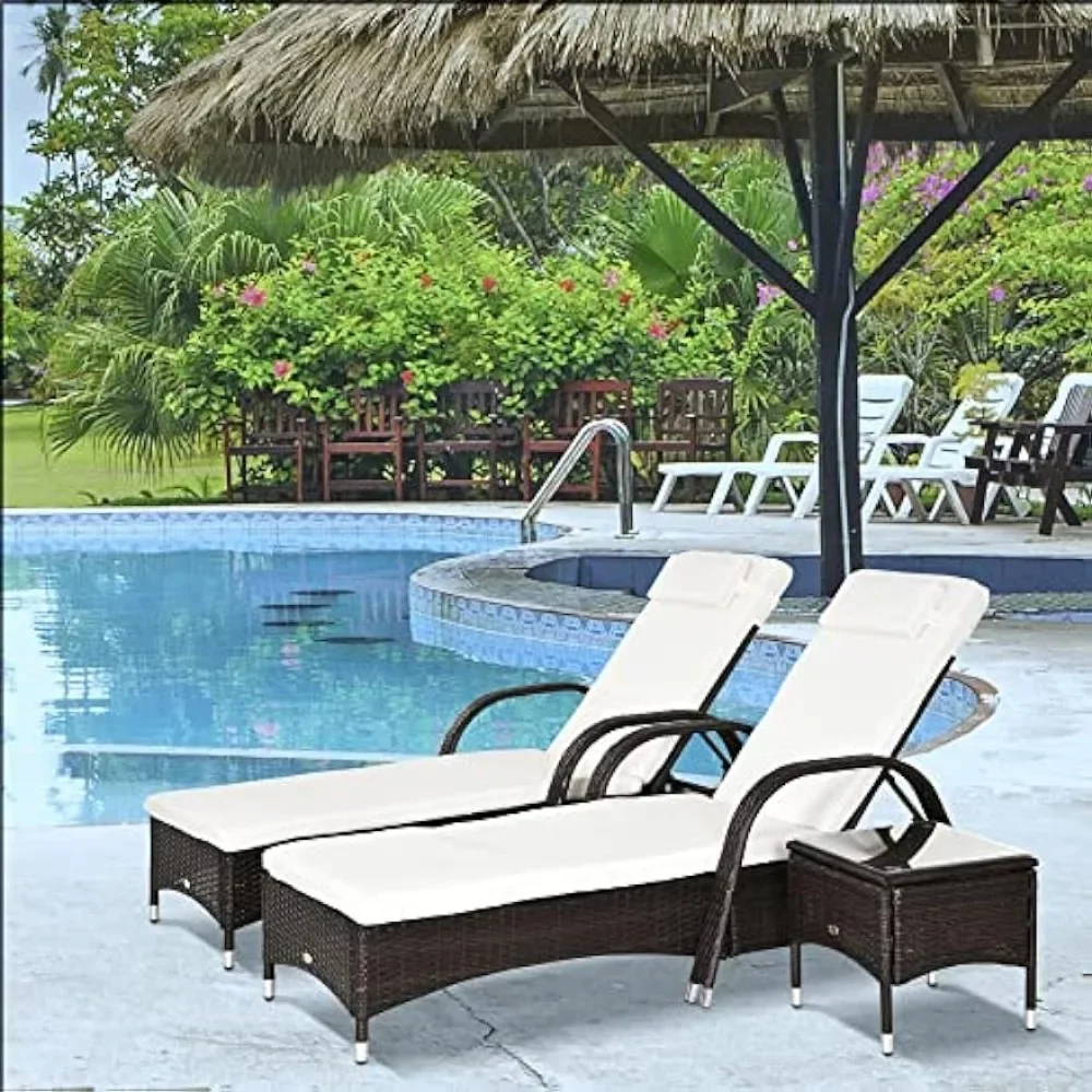 

Outdoor Beach Chair, Wicker Outdoor Chaise Lounge Set of 2, with Wheels, Cushion & Headrest, Outdoors Recliners