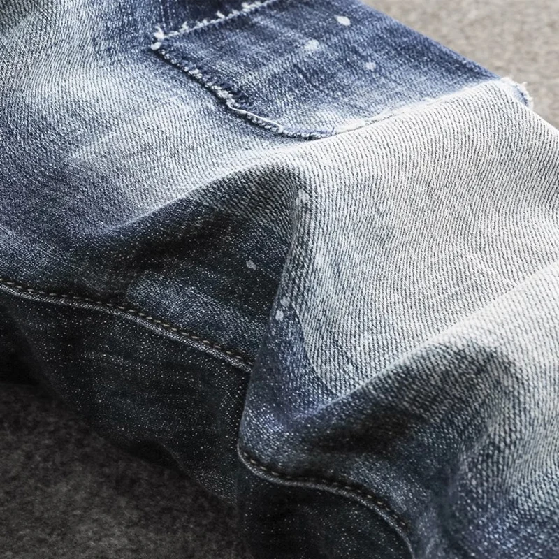 Street Fashion Men Jeans High Quality Retro Blue Stretch Slim Fit Ripped Jeans Men Patched Designer Hip Hop Brand Pants Hombre
