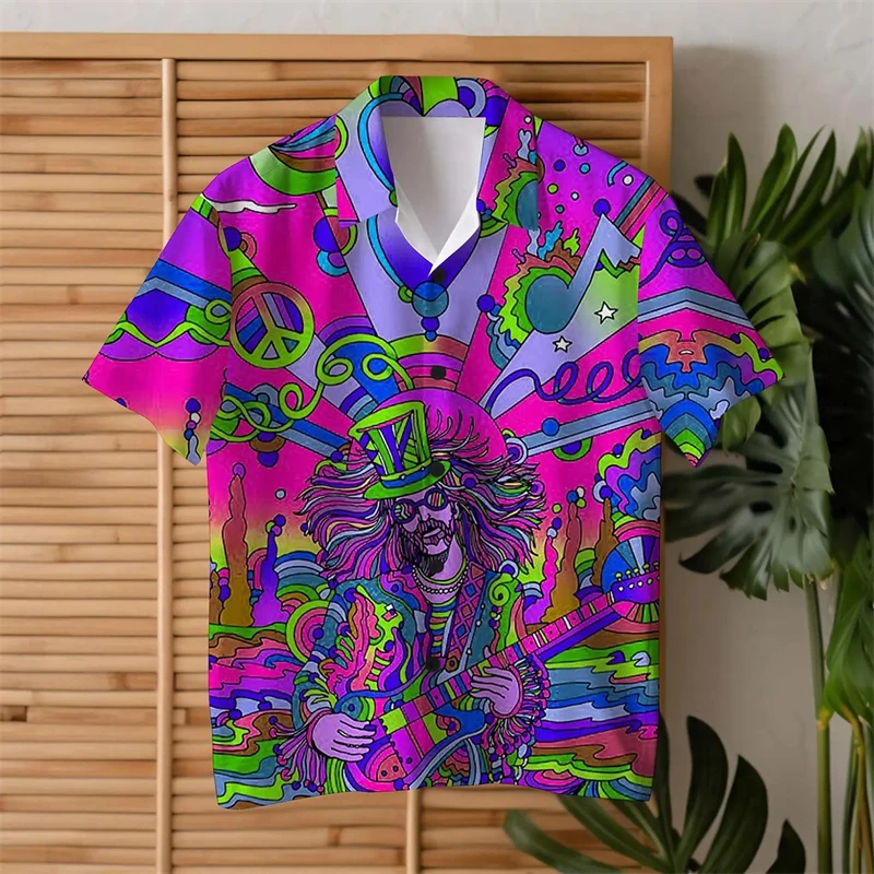 Colorful Guitar Hippie Men\'s Shirts Summer Fashion Streetwear Men Women T-shirt Ropa Hombre Daily Casual Short Sleeve Lapel Tops