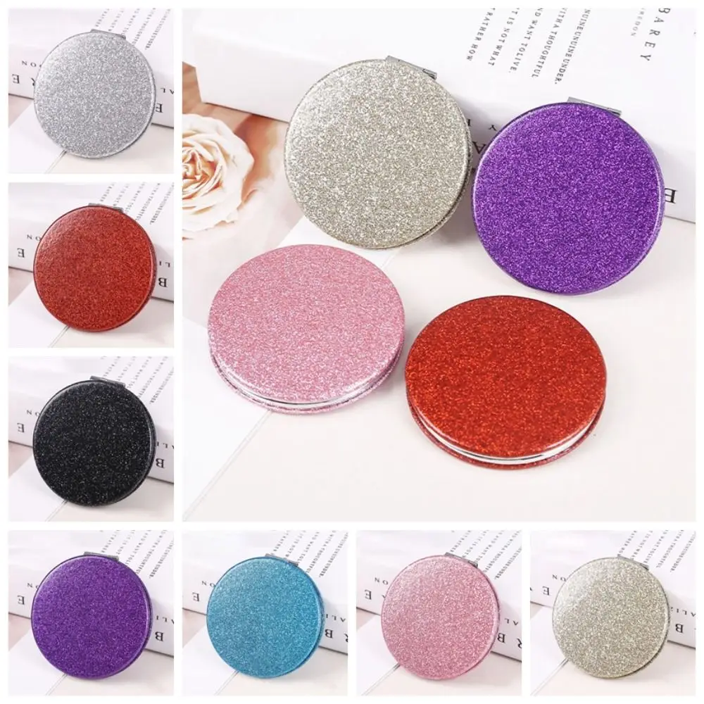 Shiny Round Makeup Mirror Hair Styling Accessories Folding Compact Vanity Mirror Double-sided PU Leather Handheld Mirror Women customized net red simple landing barber shop single sided double sided hair cutting mirror full body mirror