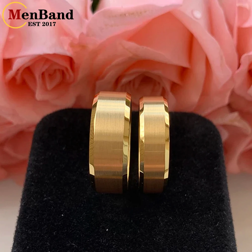 MenBand Classic 6MM 8MM Gold Color Brushed Finish Beveled Polished Edge Men Women Tungsten Carbide Wedding Ring Comfort Fit