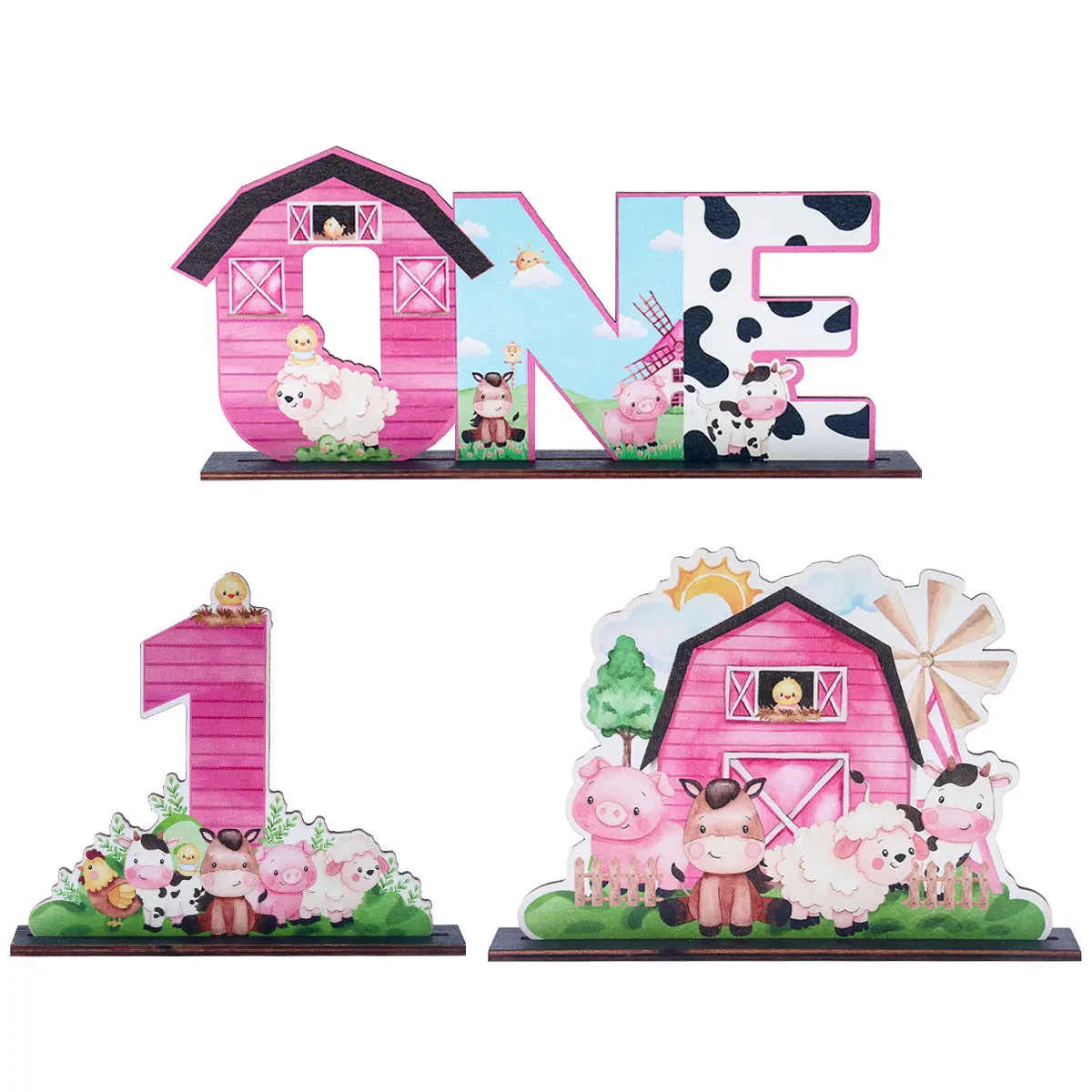 

Farm Animals ONE Letter Sign Wooden Table Centerpiece for Baby Girls Milk Cow Stripe 1st Birthday Table Decoration Photo Props