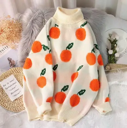 

2022 Autumn Winter Sweaters Pullover Cherry Pattern Long Sleeve Sweater Women Turtleneck Knitted Jumpers Sweater Mujer