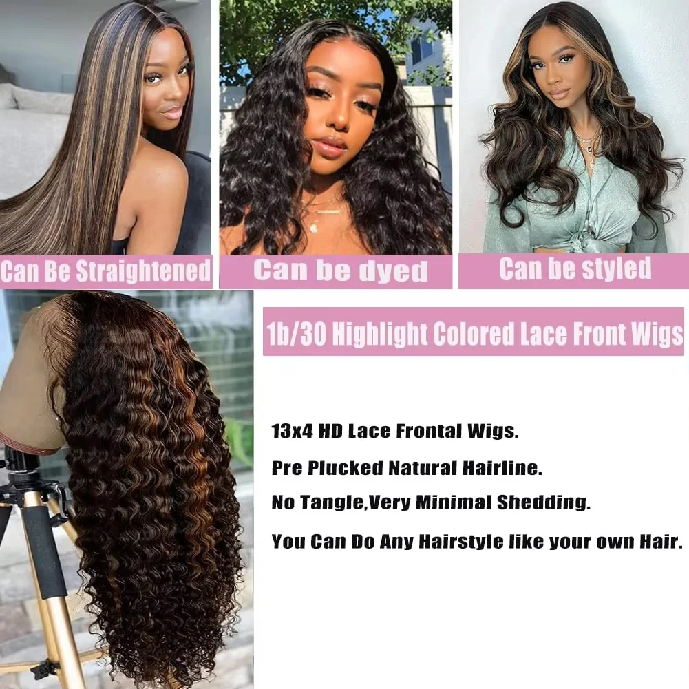 250Density 1B/30 Highlight Deep Wave Frontal Wig 13x6 HD Lace Curly Wigs Water Wave Human Hair Wig 13x4 Highlight Wig Human Hair 4