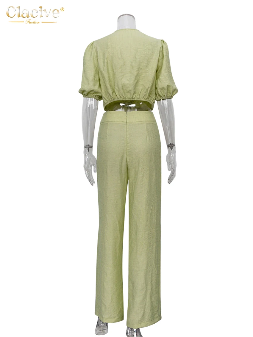 pant suit for wedding guest Clacive Summer Puff Sleeve Shirts Set Woman 2 Piece Casual High Waist Wide Trouser Suits Female Vintage Loose Green Pants Set evening pant suits