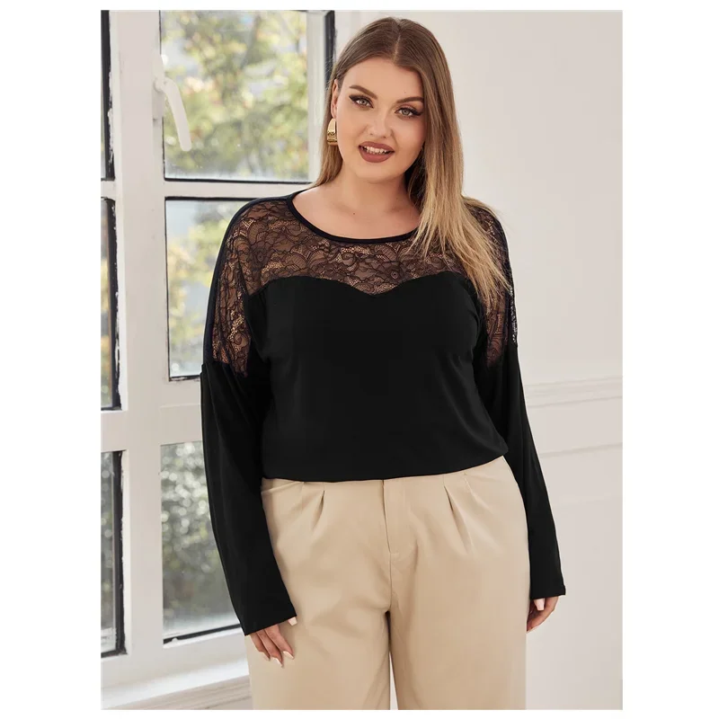 

Plus Size Elegant Fashion Blouse Women Lace Patchwork Long Sleeve Drop Shoulder Spring Formal Work Office Top T-shirt Female 6XL