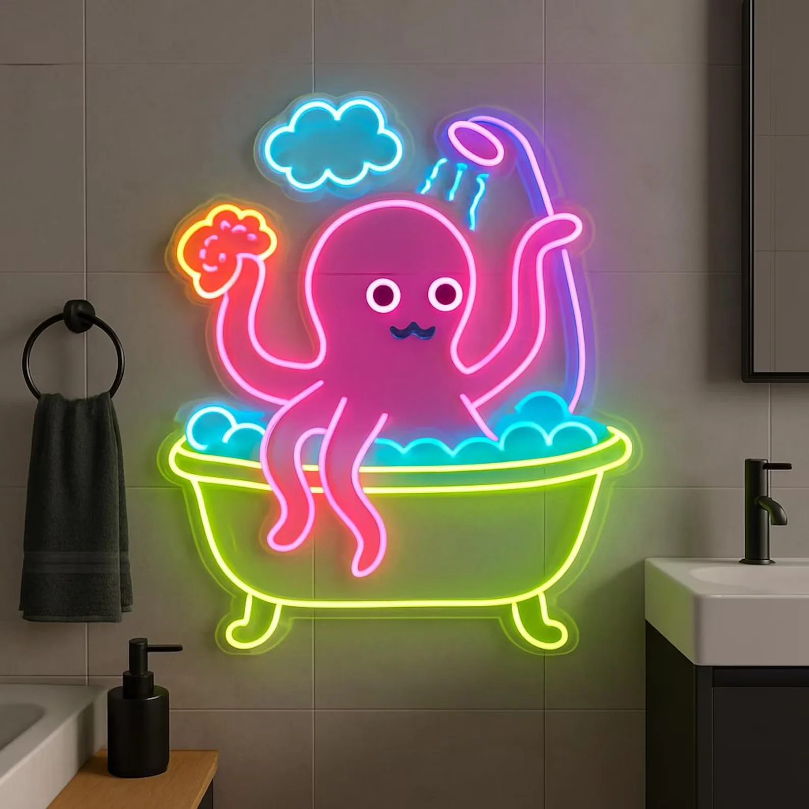 욕조 속의 문어 네온 사인, 문어 LED 장식, 욕실 네온 장식, 동물 네온 사인, 어린이를 위한 선물