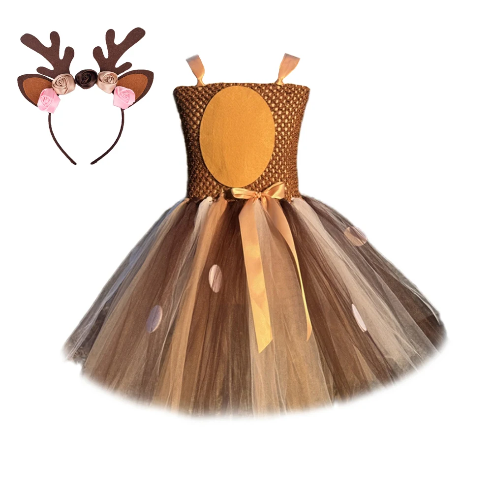 

Deer Tutu Dress Girl Christmas Dresses with Headband Kids Halloween Costume Baby Girl Princess Elk Reindeer Outfit for New Year