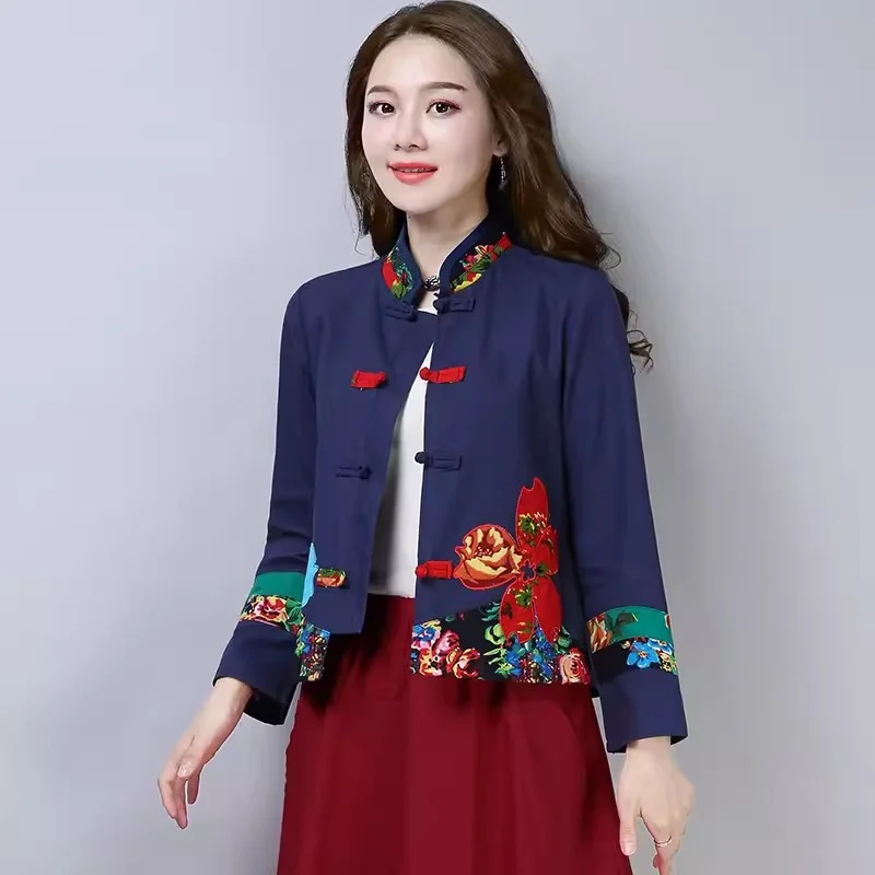 Single/plush Ethnic Style Jacket Women New Retro Long Sleeved Chinese Style Button Up Stand Up Collar Cotton And Linen Cardigan