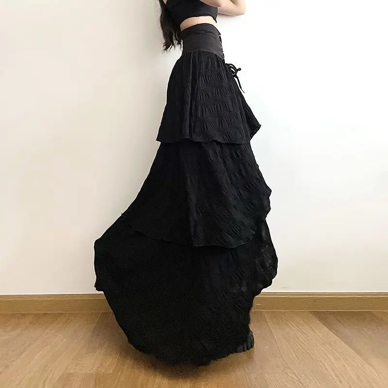 High waisted lace up skirt for women  design, loose and irregular slimming long skirt, fashionable split ends in summer