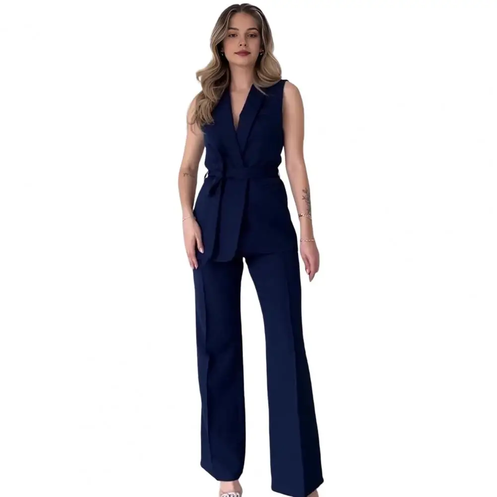 Formal Vest Pants Set Elegant Women's Formal Commute Outfit Set With V Neck Lace-up Cardigan High Waist Wide Leg For Lady's
