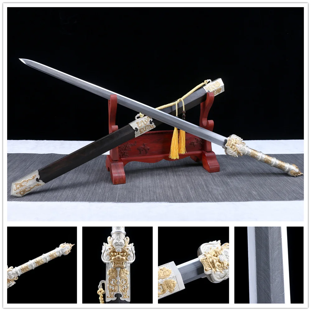 

China Sword Chinese WUSHU Kungfu Jian Hand-Forged Damascus Steel Feather Texture Blade Ebony Sheath Brass Fittings Full Tang New