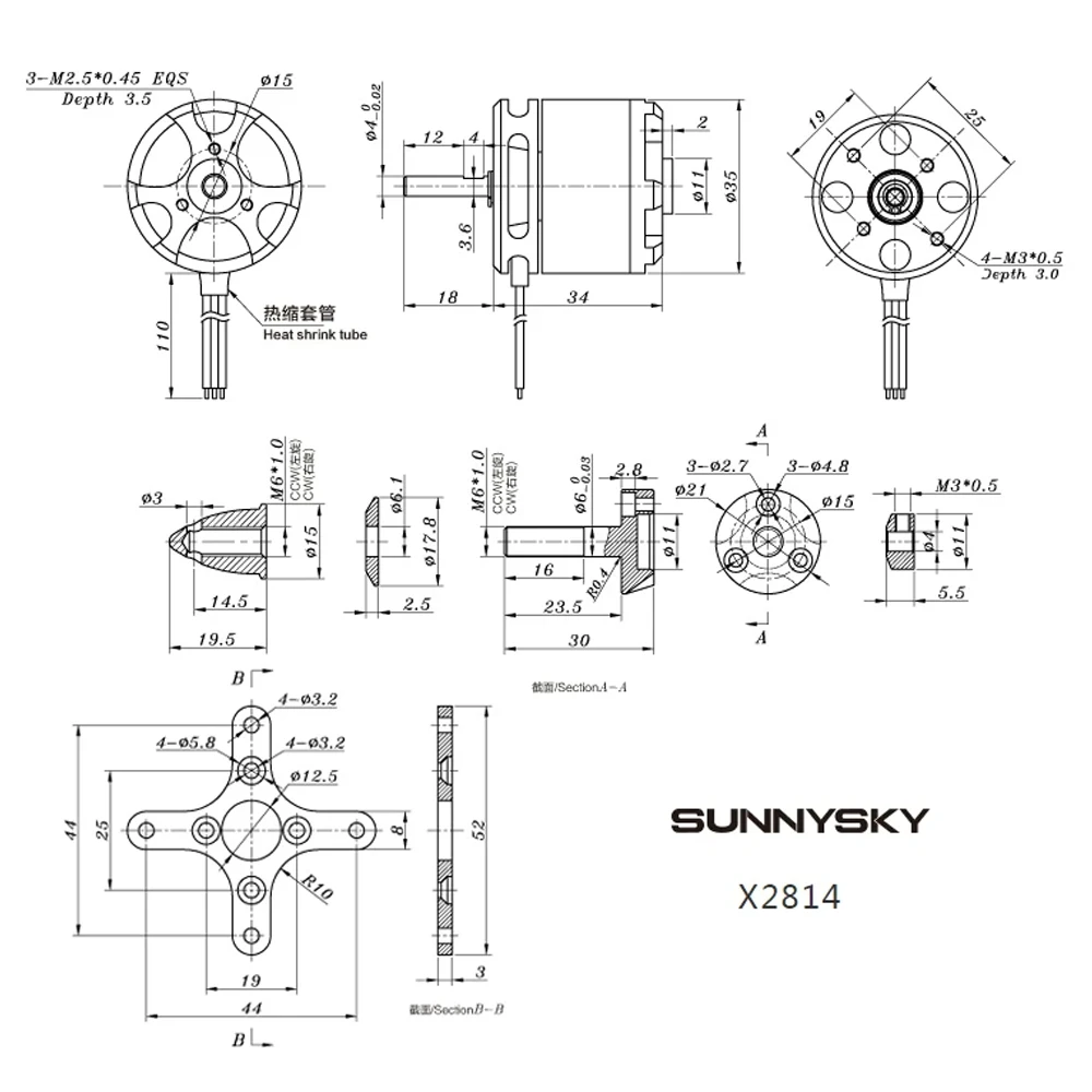 Sunnysky motor X2814 brushless motor with 900KV, 1000KV, 1100KV and 1450KV specifications for model aircraft power thumbnail 6