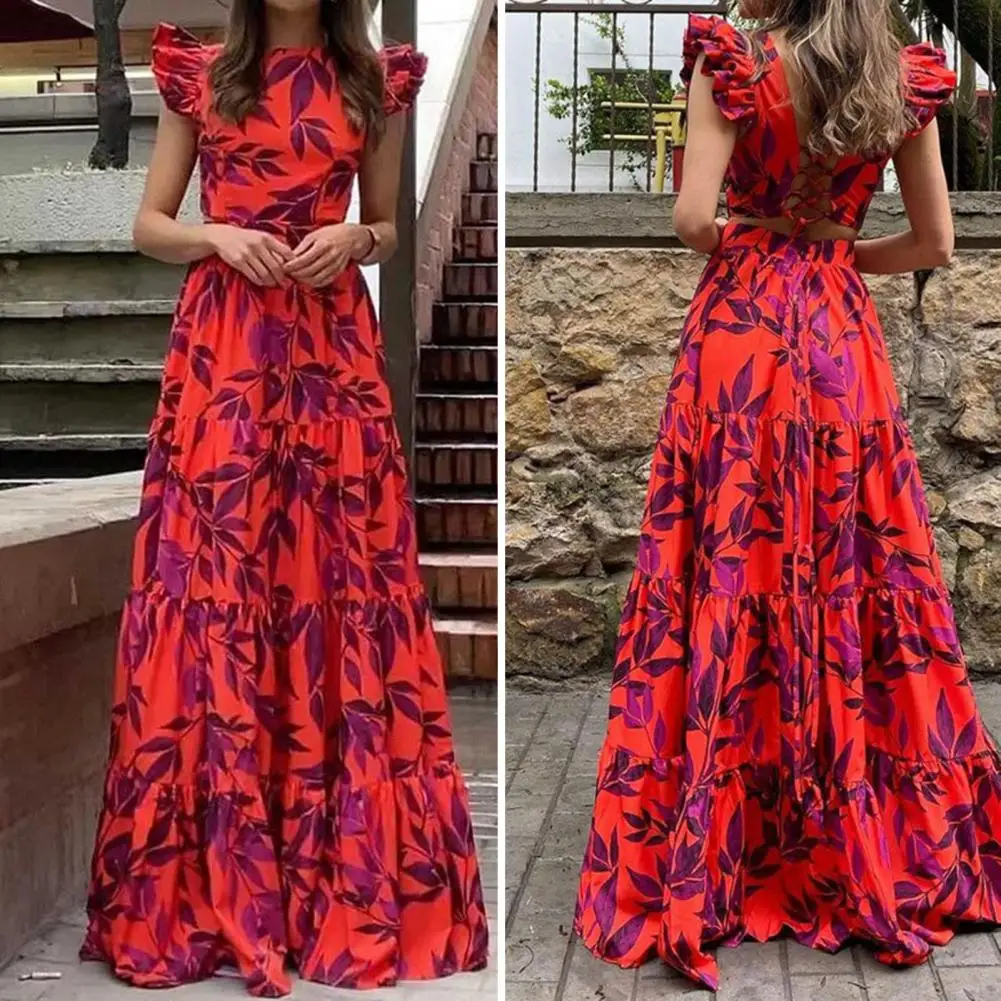 

Women Dress Stylish Leaves Printing O-neck Flying Sleeve Maxi Dress High Waist Backless Ruffle Flowy Hem Long Dress Streetwear