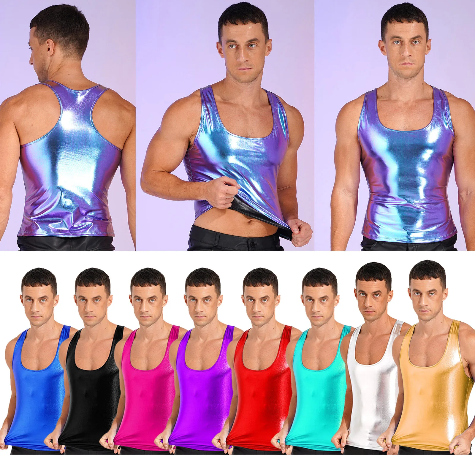 Shiny Metallic Mens 민소매 조끼 탱크 탑 파티 Clubwear 언더 셔츠 섹시한 남성 레이서 백 슬림 피트 캐미솔 스무스 탱크 탑