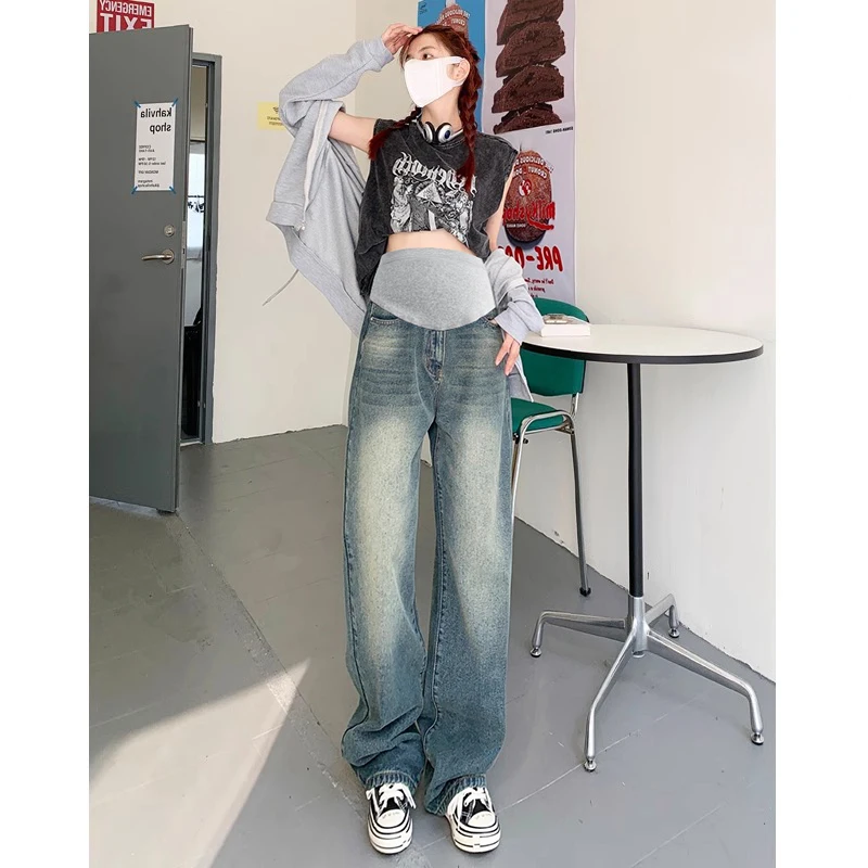 

Distressed Washed Denim Jeans for Maternity Retro Casual Belly Slim Straight Pants for Pregnant Women Vintage Summer Pregnancy