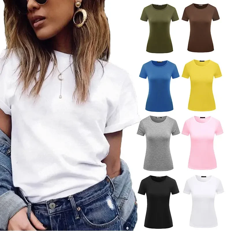 

Women'S T-Shirt Casual Solid Short Sleeved Tops Slim Half-Sleeved Large Size Female Bottoming Tee Summer Clothes Homewear