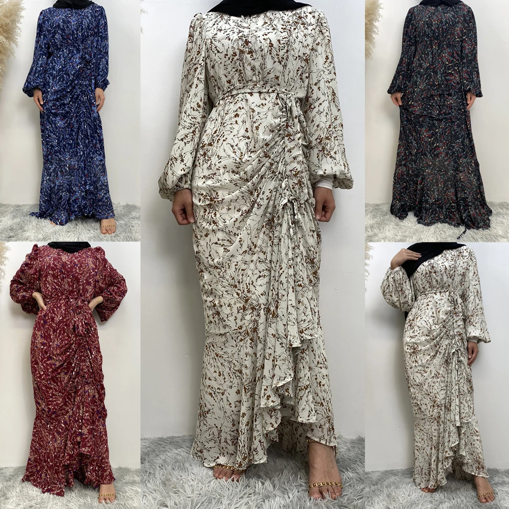 

Chiffon Turkey Long Dresses Muslim Abayas For Women Puff Sleeve Summer Islamic Dresses Dubai Modest Robe Ramadan Kimono Kaftan