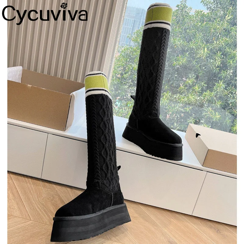 

Designer New Knitted Knee High Boots Women Thick Sole Increase Heel Patchwork Platform Snow Boots Chelsea Winter Shoes For Women