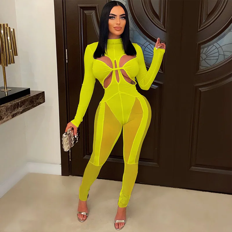 

Sexy Mesh See Through Patchwork Jumpsuits for Women Elegant Party Birthday Club Outfits Hollow Out Long Sleeve One Pieces Romper