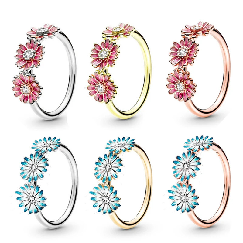 Rosa Blau Emaille Daisy Ringe für Frauen Rose Gold Silber Farbe Anillos Nette Gänseblümchen Blume Ring Männer Freund Schmuck Großhandel geschenk