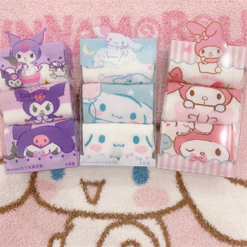 

3Pairs Kawaii Sanrio Kuromi Socks Cinnamoroll Dog My Melody Anime Cute Student Summer Thin Comfortable Sports Socks For Girls