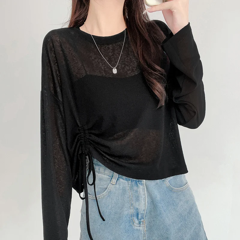2023 Summer Women Golf Sunscreen with long sleeves and ultra-thin ice silk bottoming shirt and round neck turtleneck top