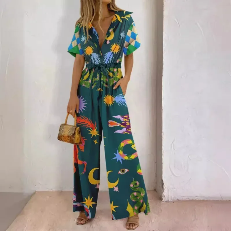 Street Style Women's Printed Pants Jumpsuit High Waist Casual Wide Leg Pants Elastic Waist Creative Printing Women's Jumpsuit