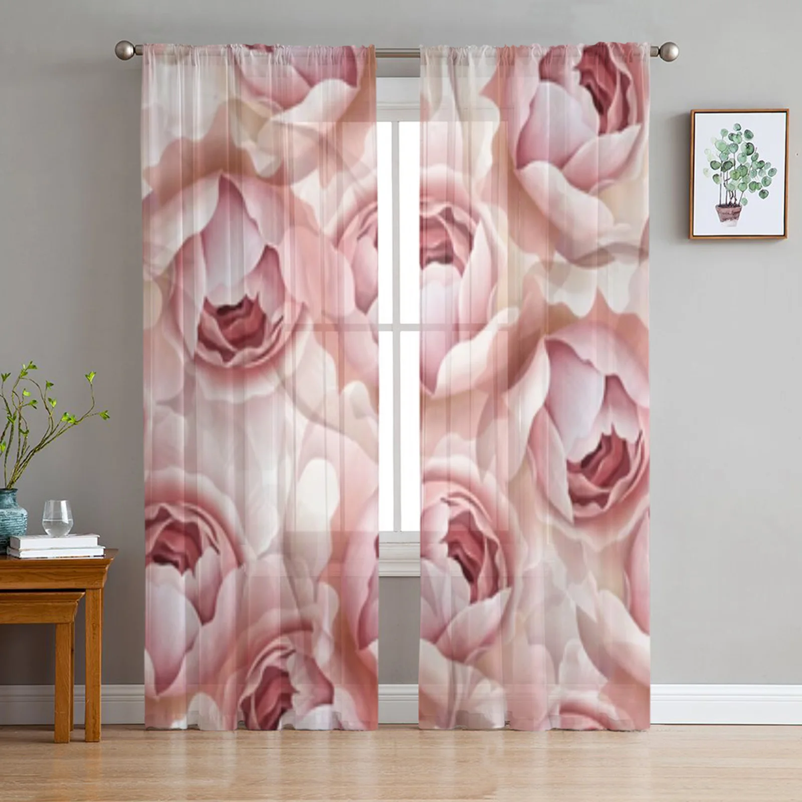 

Pink Delicate Rose Flowers Sheer Curtains For Living Room Window Transparent Voile Tulle Curtain Bedroom Drapes Home Decor