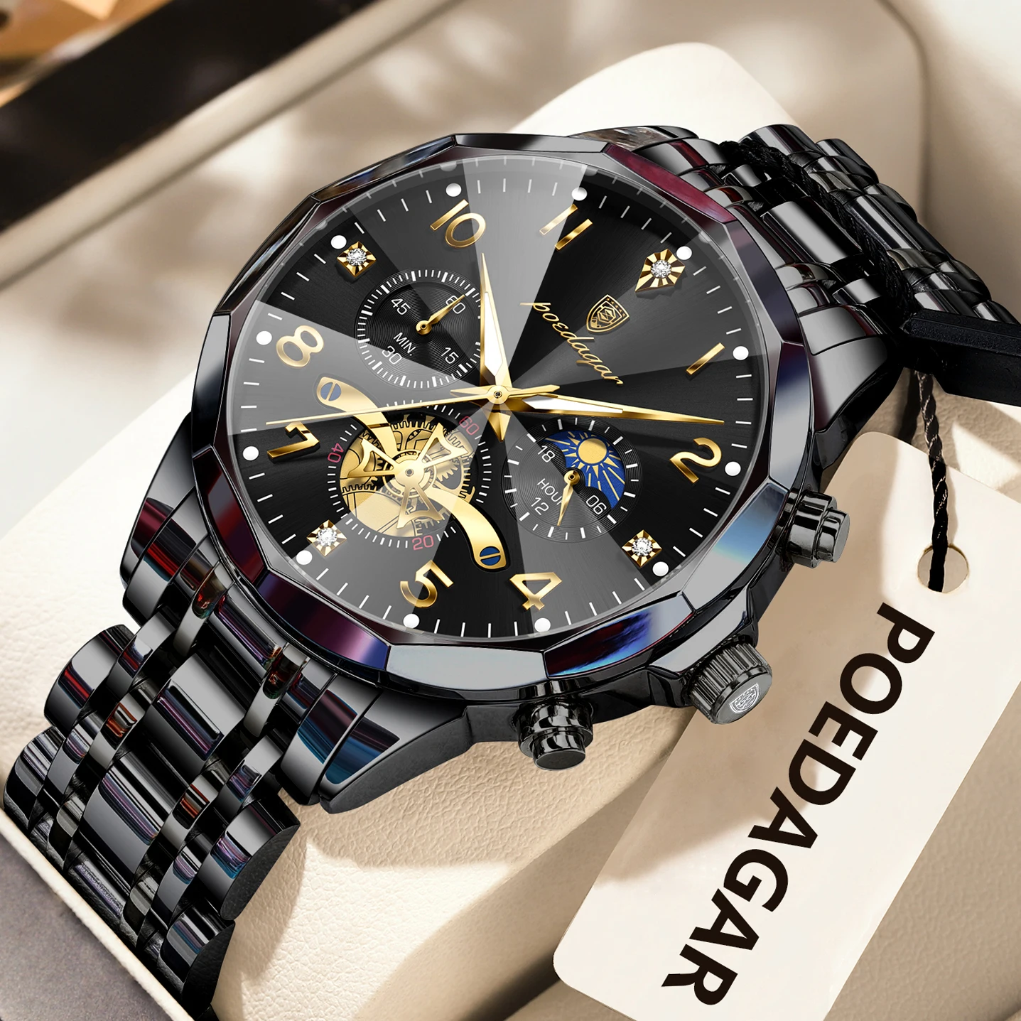 POEDAGAR Luxury High Quality Man Wristwatch Chronograph Stainless Steel Quartz Men's Watches Waterproof Luminous Men Clock Reloj