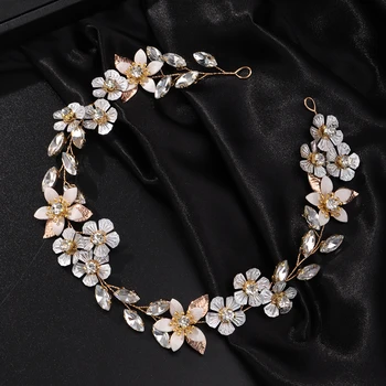 Trendy Flower Rhinestone Bridal Headband Handmade Pearl Wedding Hair Accessories Women and Girls Party Prom Headpiece Ornaments