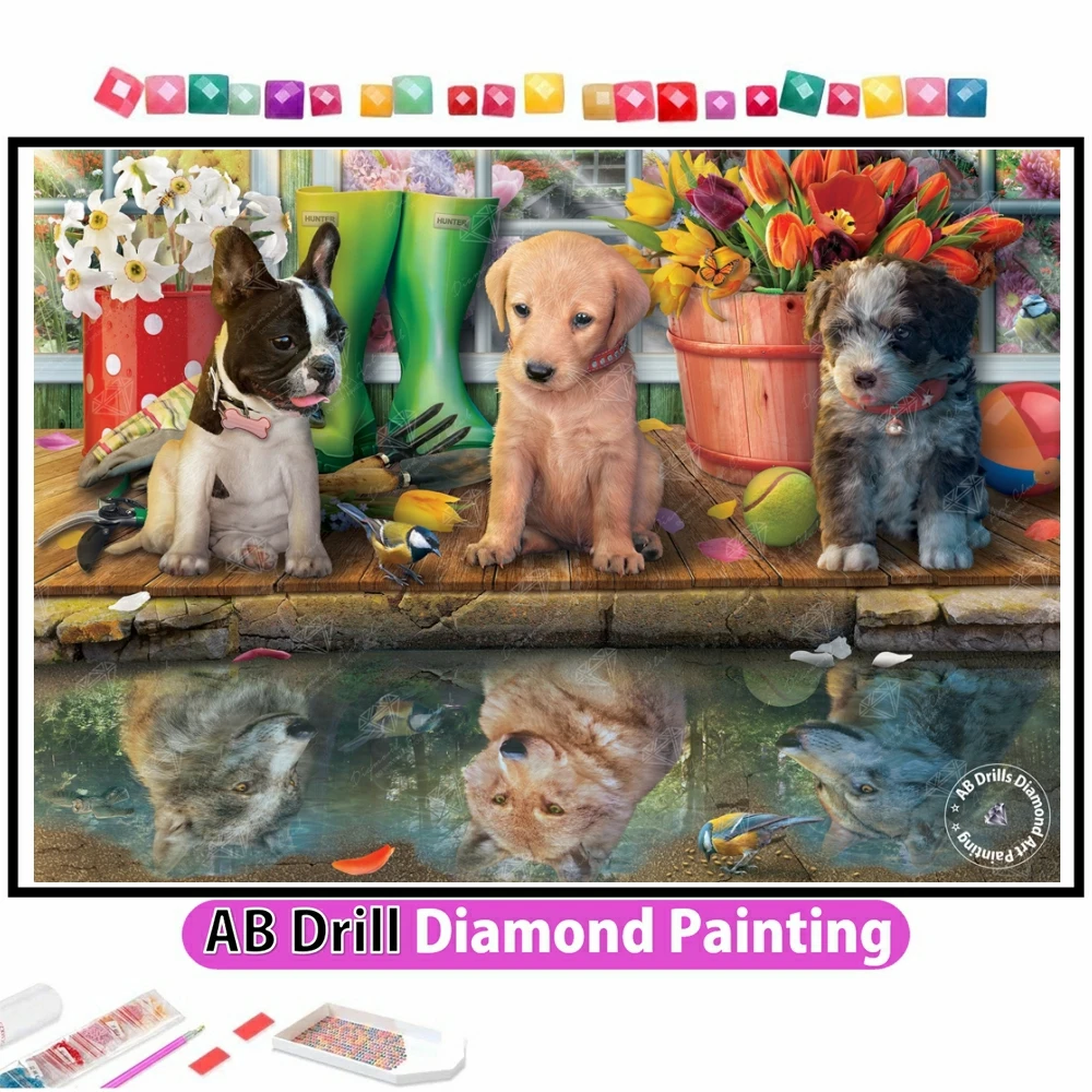 

Алмазная картина «сделай сам» с тремя симпатичными щенками 5D, Алмазная мозаика с животными, собаками, квадратная, круглая Вышивка крестиком, домашний декор, подарок для детей