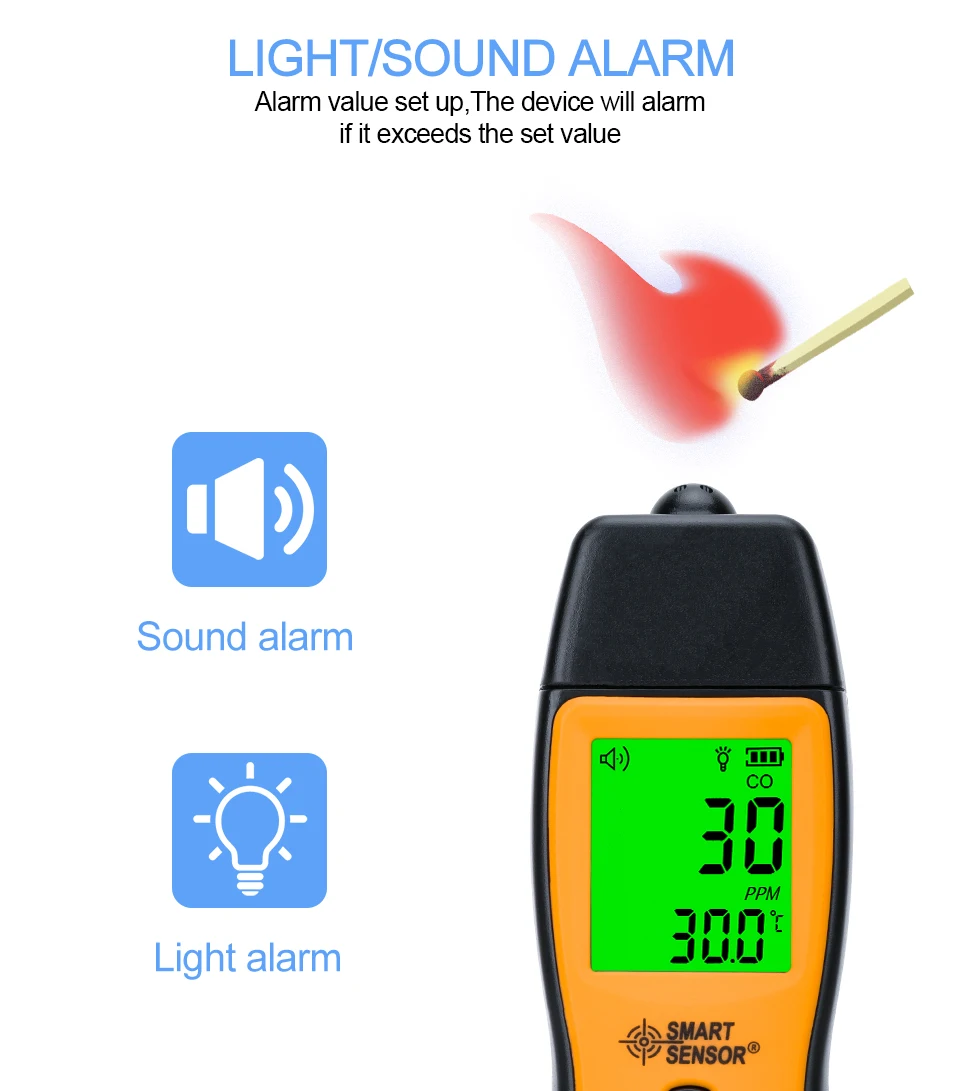 AS8700A Handheld Carbon Monoxide Detector 1000ppm CO Meter LCD Sound and Light A