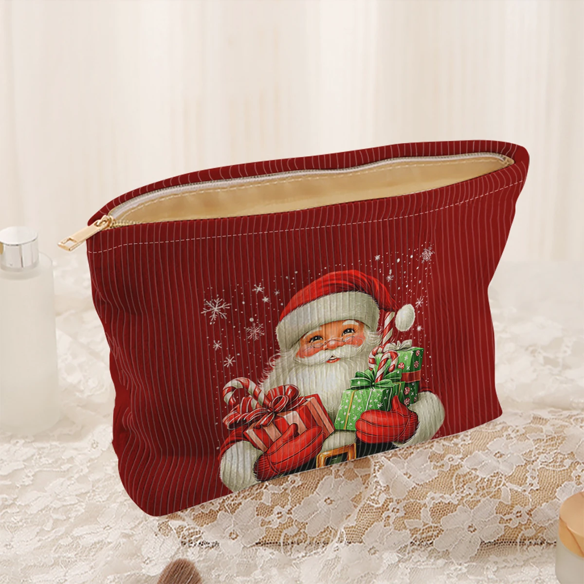 1 Christmas themed corduroy makeup bag, lightweight zipper makeup storage box, multifunctional bag with lining