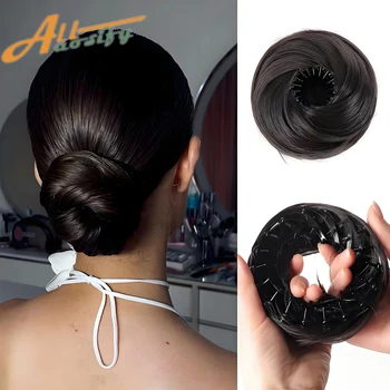 Synthetic Clip in Messy Hair Bun Extensions Mini Donut Updo Hairpieces for Women Girls Bird's Nest Shaped Retractable Chignons