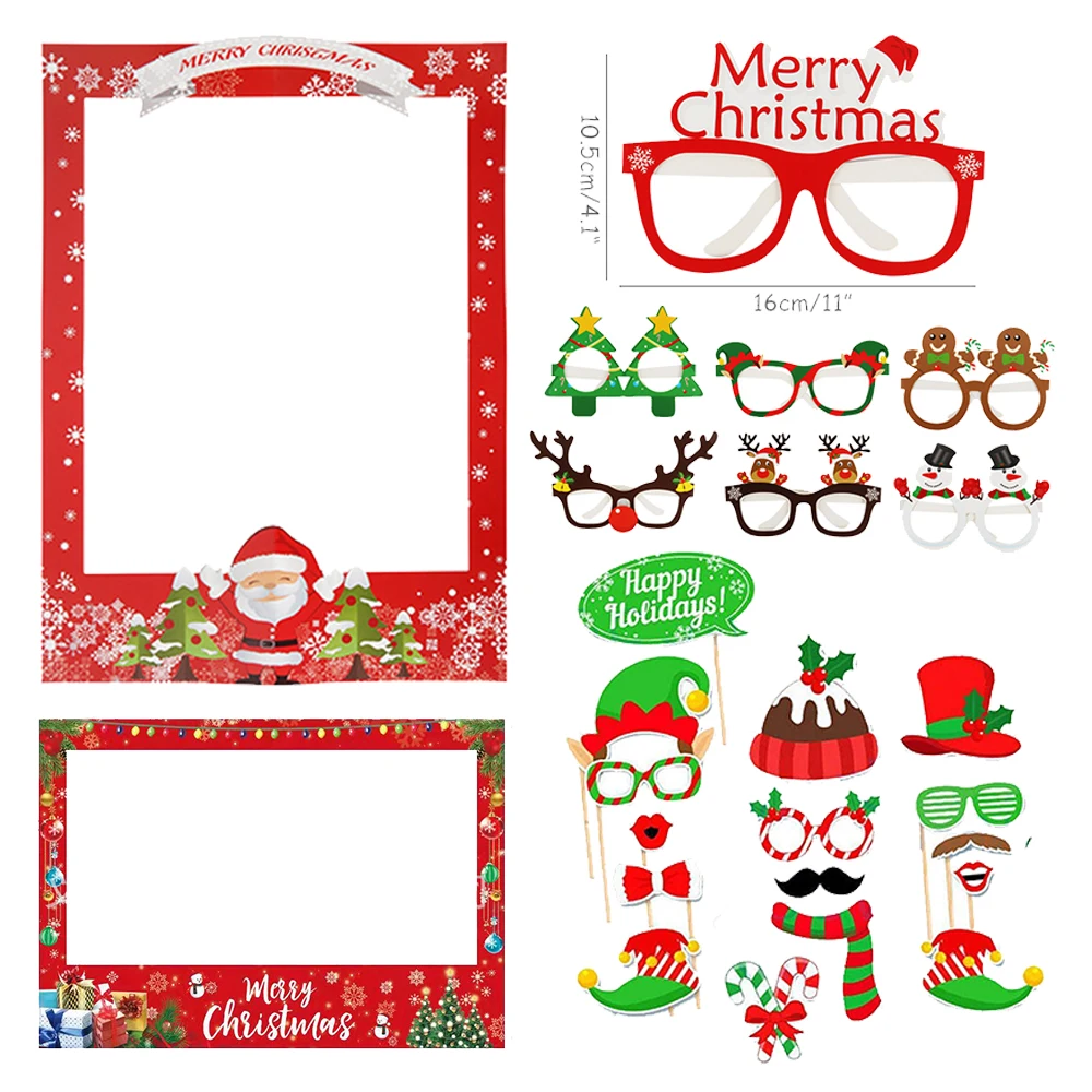 Christmas Photo Props Glasses Hat Kit Masks Lips Beard Snowman Santa Claus Kids Adult Favor Gifts Merry Christmas Party Decor