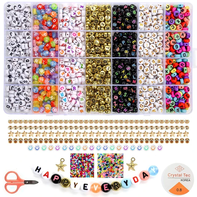 1 Box Round Acrylic English Alphabet Letter Beads Set With Stretch Cords  For Name Bracelets Jewelry Making Kit For Children Gift
