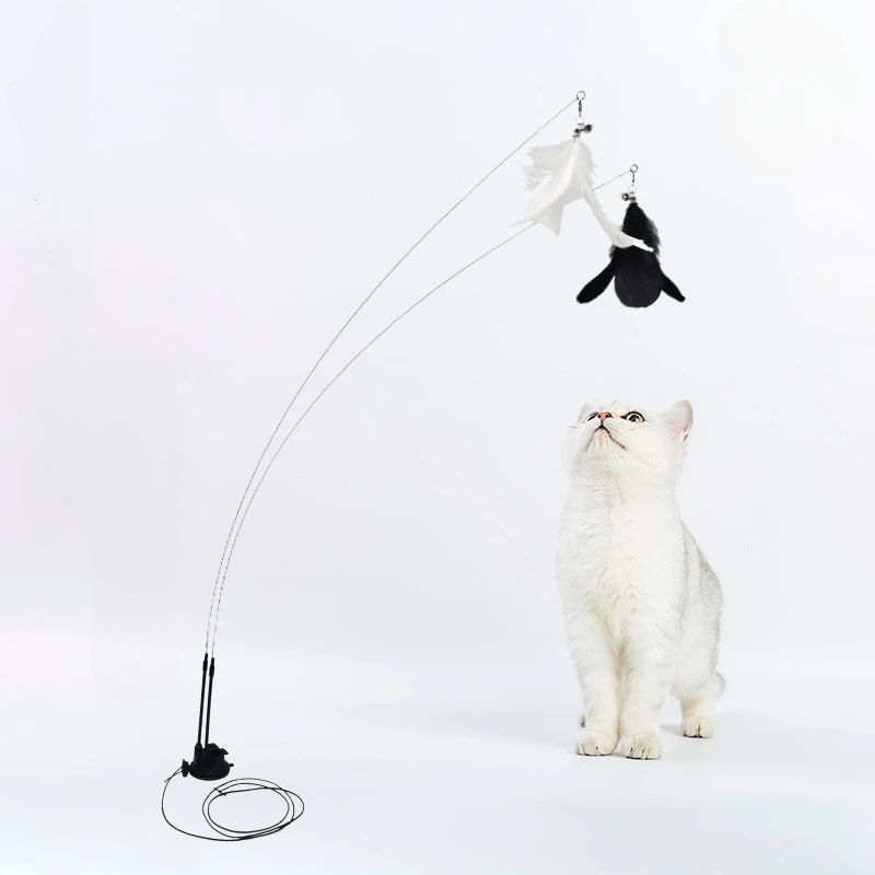 

Interactive Cat Toy Handfree Cat Stick Playing Kitten Playing Teaser Wand Toy Suction Cup Double Headed Feather Cat Wand