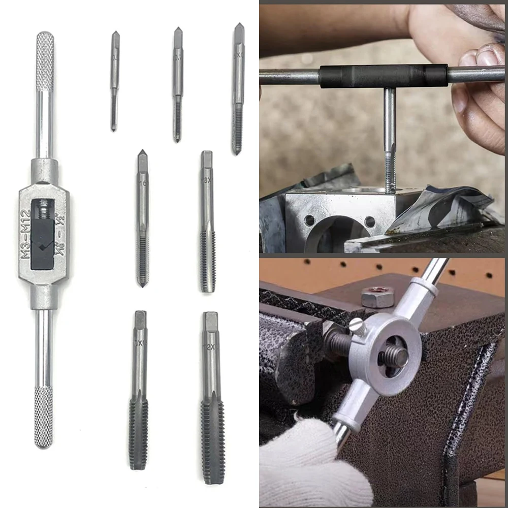 

8Pcs Hss Hand Screw Tap Die Wrench Schroefdraad Metric Plug Tap 1/4" 5/16" 3/8" 1/2" Verstelbare Die Tap Wrench Hand Tool Kits