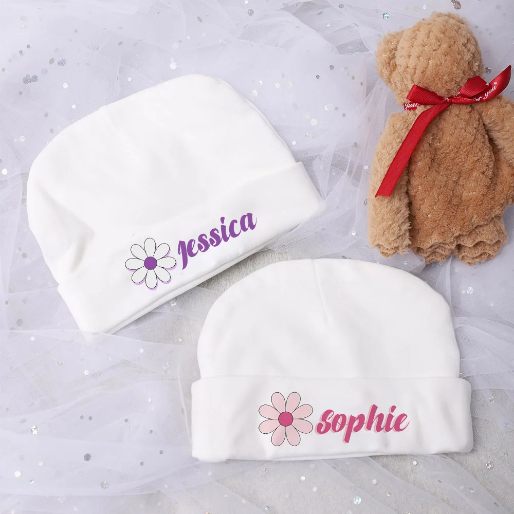 Personalize Newborn Hospital Hat Monogram Baby Girl Beanies Caps Infant Cotton Hats Custom Name Windproof Cap Baby Shower Gift 1