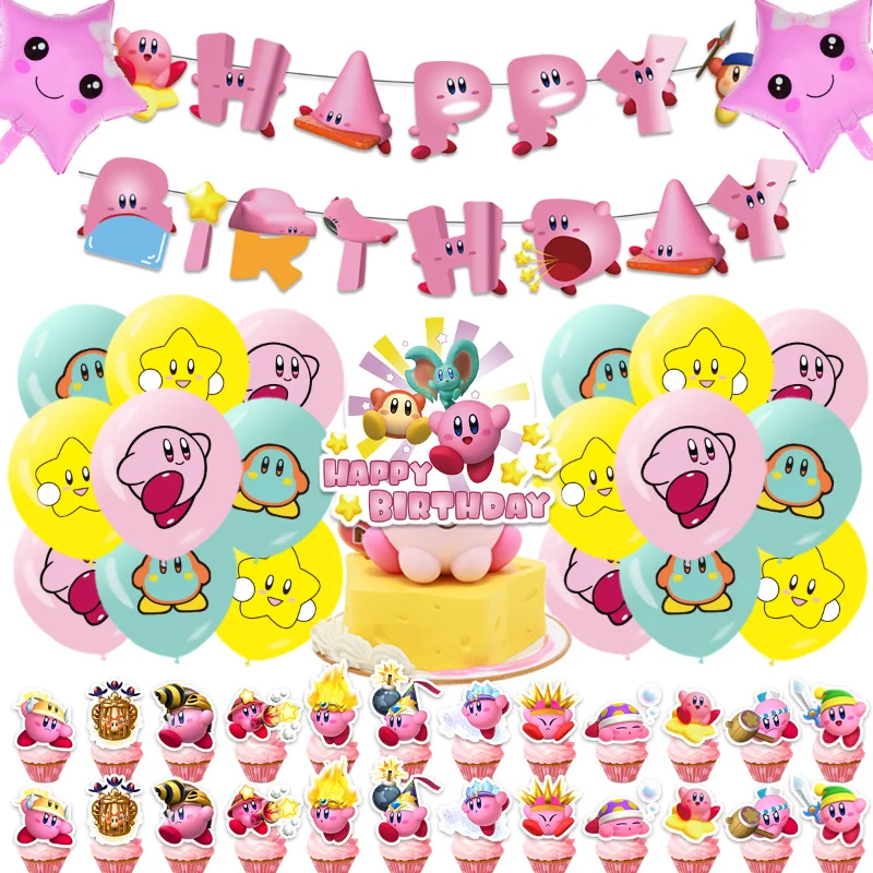 New Star Kabi Theme Birthday Party Flag Decoration Kirby Game Cake Insert Aluminum Film Balloon Flag Set Gift